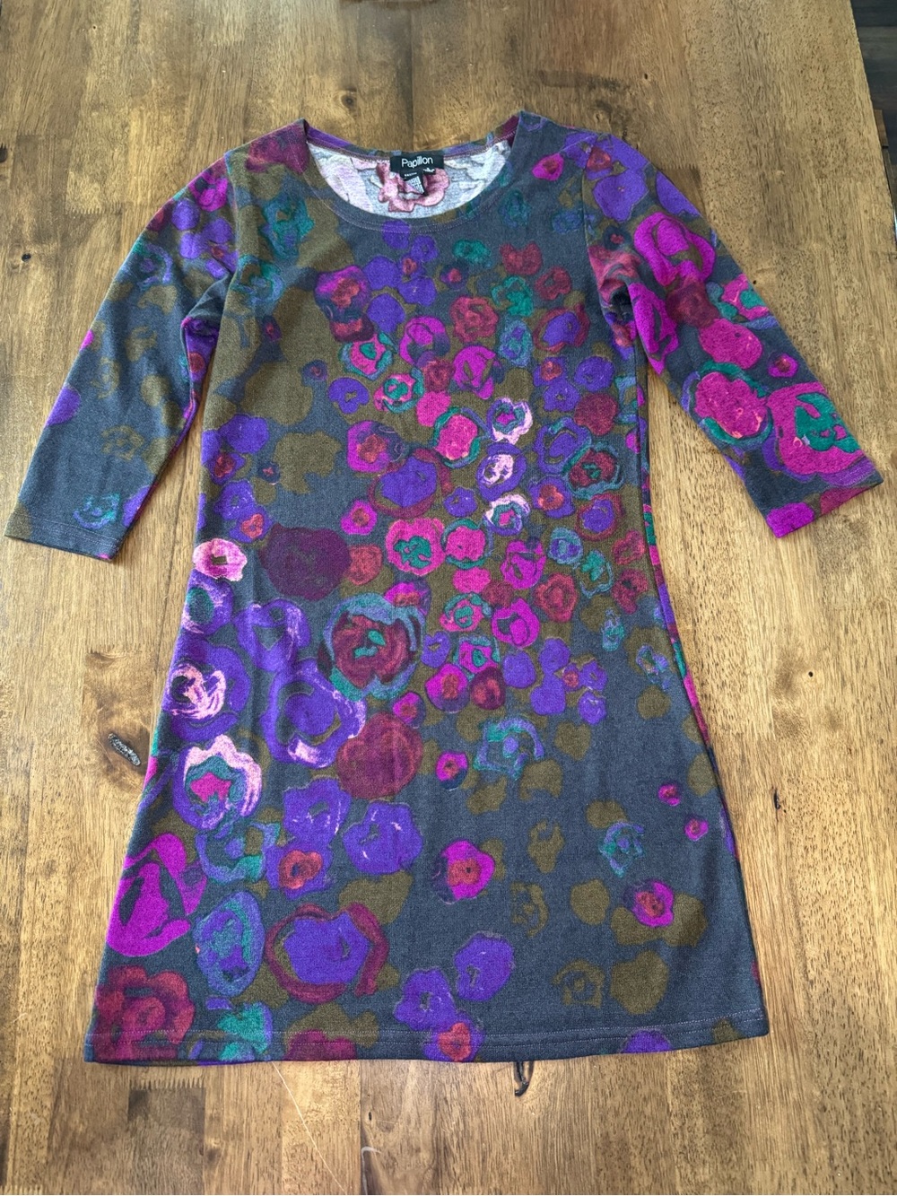 Papillon Floral Abstract Print 3/4 Sleeve Knit Shift Dress Small Sm